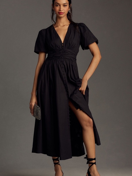 Anthropologie Dresses & Skirts - Anthropologie Katerina Black V-Neck Button-Front Midi Dress
